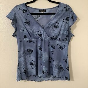 Vintage Y2K Fairycore Dainty Floral Romantic Blue 2000s Fairy Babydoll Blouse XL